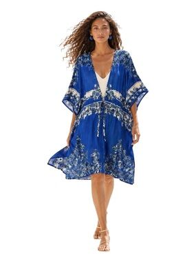 Nordstrom Blue Floral Sheer Kimono Swim Cover Up | Boho Resort Front Tie OS